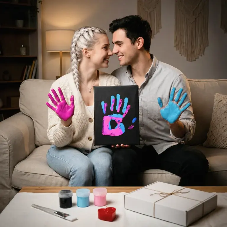 Подарунок для двох – Набір «Руки Закоханих» Блакитно-Рожевий: пара з відбитками рук на полотні.